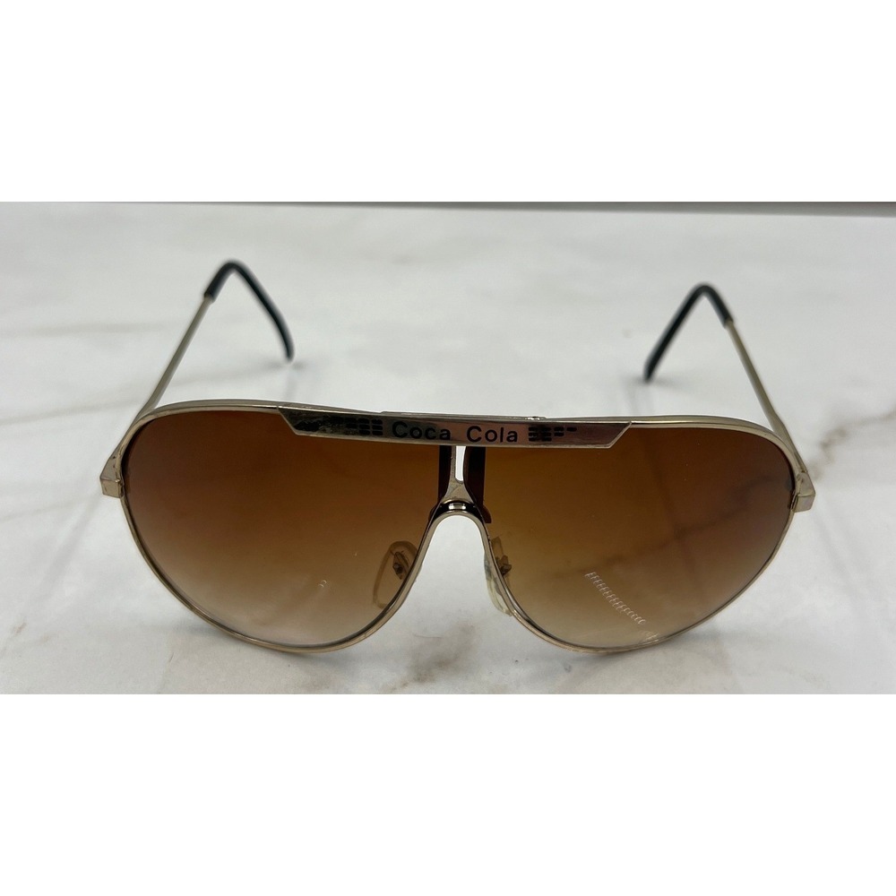Vintage Coca Cola Gold Aviator Sunglasses Gradient Brown Lens Shield Brow Bar